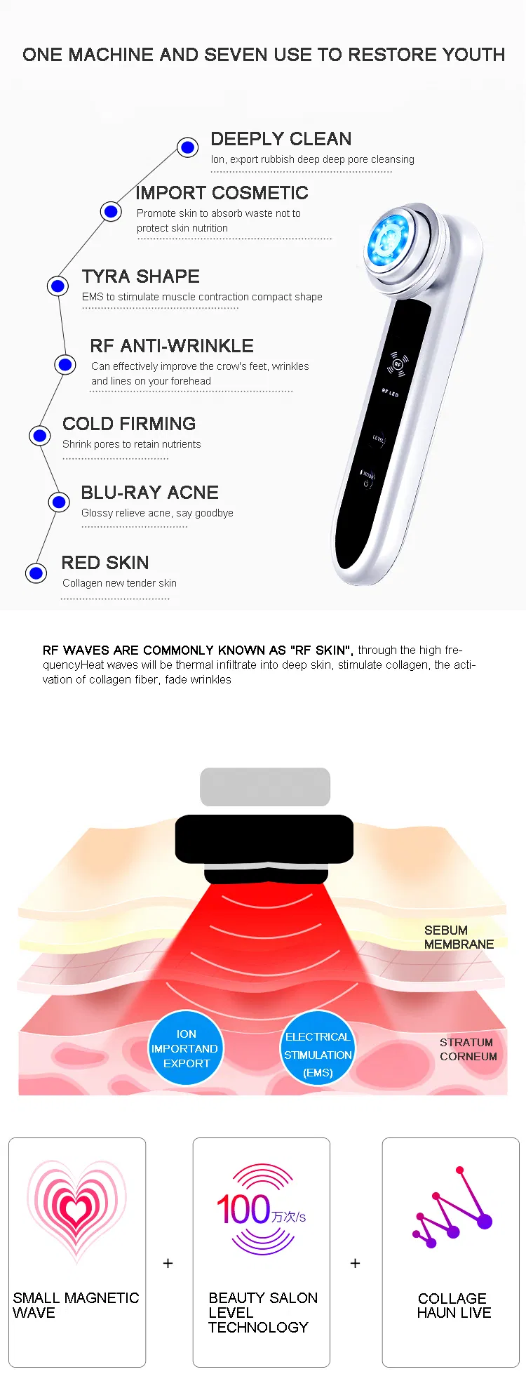 Beauty Instrument Microcurrents RF Skin Rejuvenation Facial Care Lifting Facial Cleansing