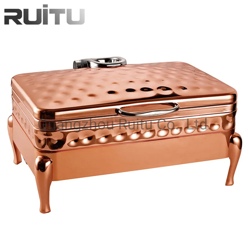 Restaurant Buffet Equipment 9L Rectangular Serving Dish Rose Gold Hammered Chafers Stainless Steel Chafing Dish Electric Heater Food Warmer Chafer for Sale