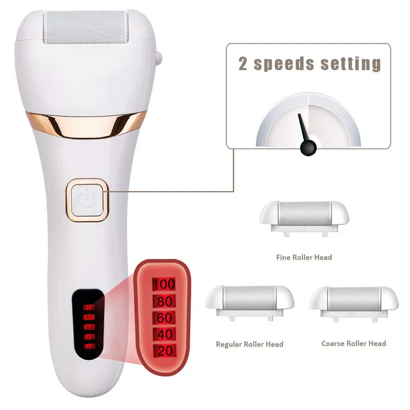 Waterproof Rechargeable Foot File Hard Skin Remover with 3 Coarse Roller Heads